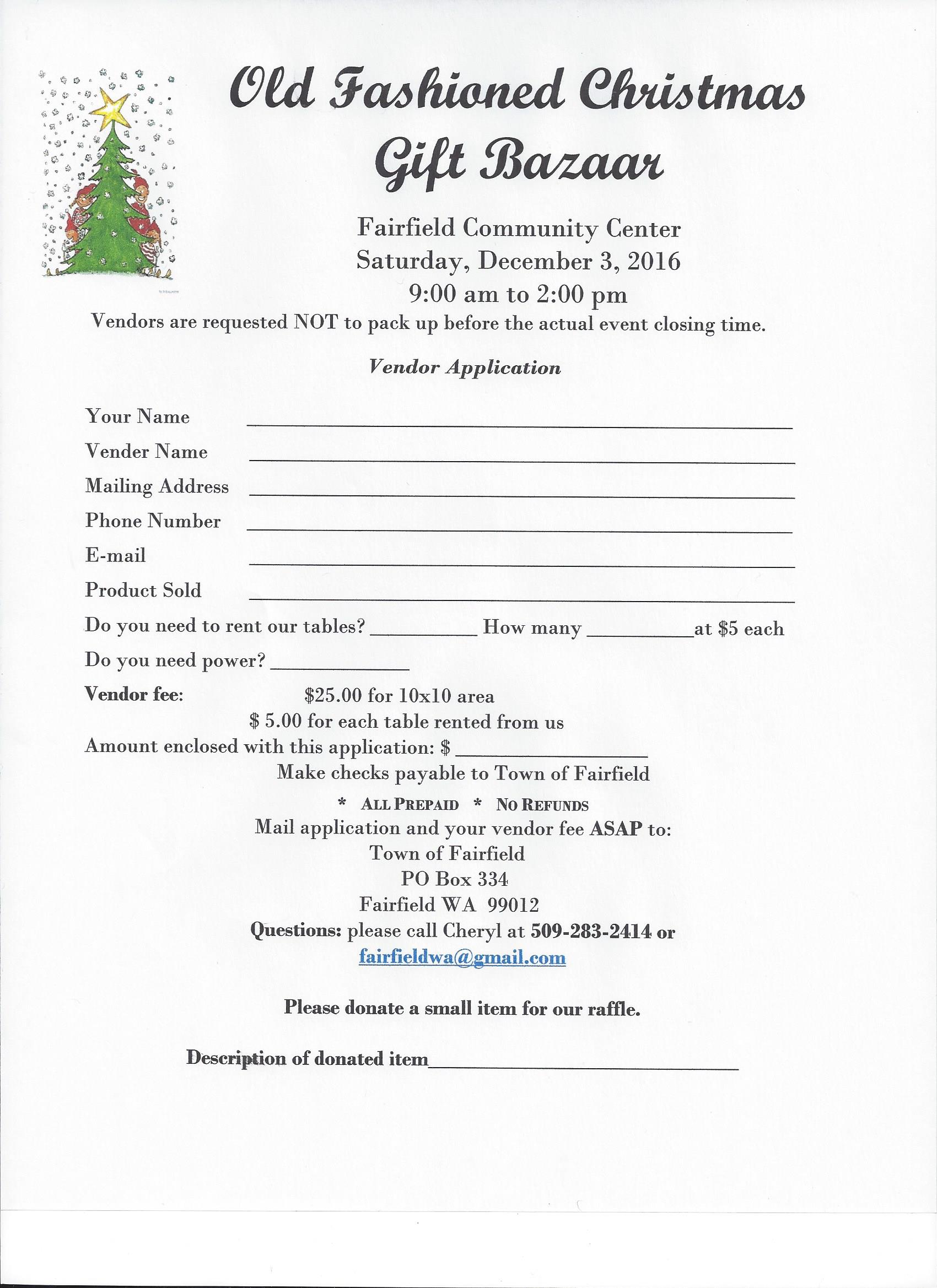 2016 Old Fashioned Christmas Vendor Application Fairfield, WA